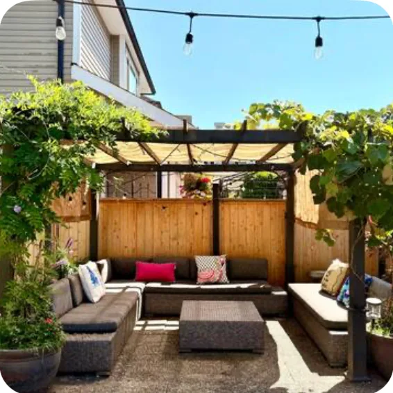A garden patio with lounge seating